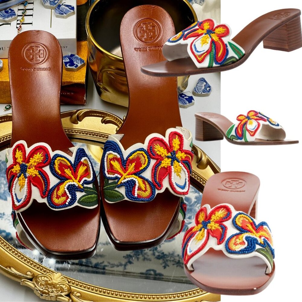 🆕 TORY BURCH 🧿 NWOB Bianca Floral Bead Embellished Slide Sandal, Sz 6.5